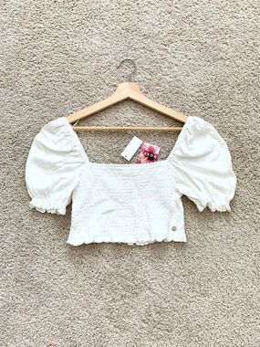 Roxy Off White Cream Cinch Cream Puff Sleeves Crop Top Medium